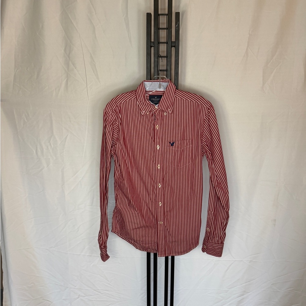 American Eagle Outfitters Red and White Striped Casual Shirt